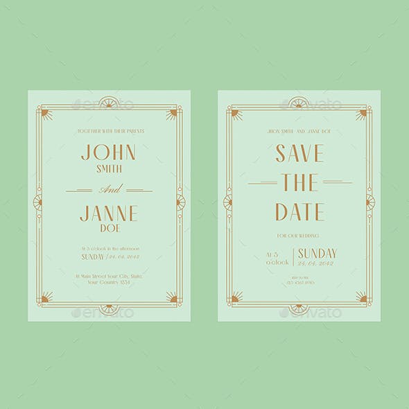 Green Brown Minimalist Art deco style Wedding Invitation