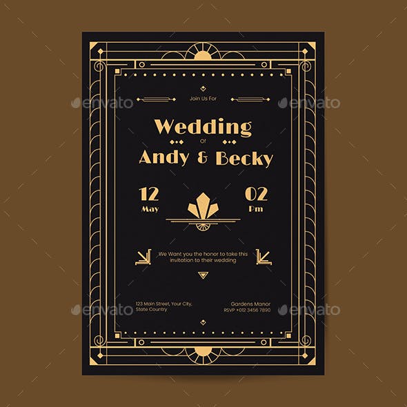 Brown Yellow Art Deco Wedding Invitation