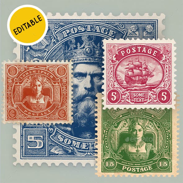 Editabe Postage Stamp Templates with Engraving Effect